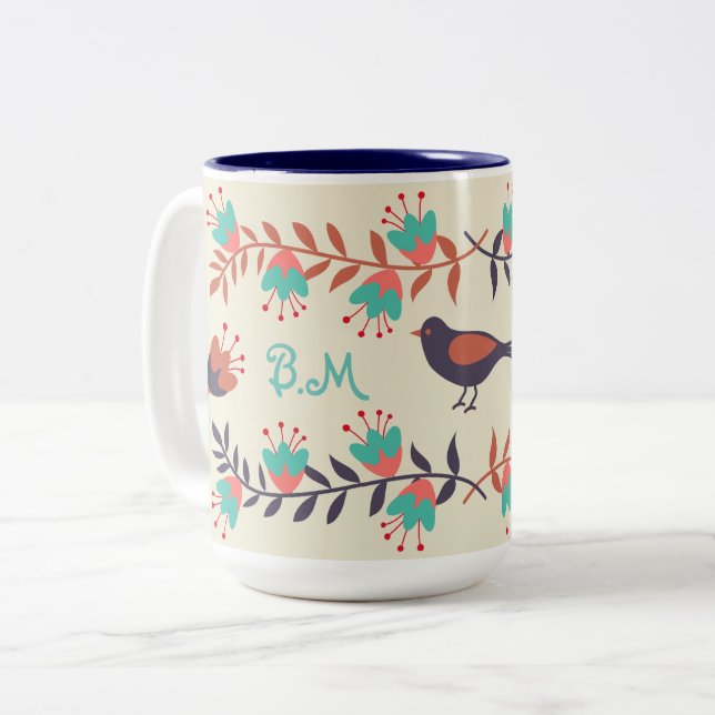 Caneca De Café Em Dois Tons Monograma de Bird e Artes Foliculares (Frente Esquerda)