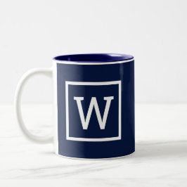 Caneca De Café Em Dois Tons Monograma de borda gráfica Preppy azul naval
