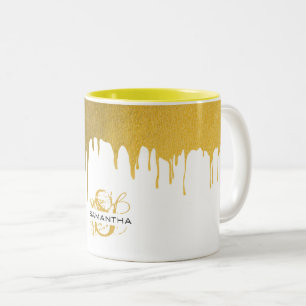 Caneca De Café Em Dois Tons Monograma de Drives Metálicos Dourados Trendy