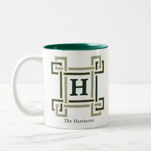Caneca De Café Em Dois Tons Monograma de Família Clássico em Verde Floresta co