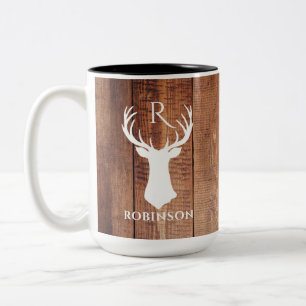 Caneca De Café Em Dois Tons Monograma de Família Rústica Estilo Madeira Chifre