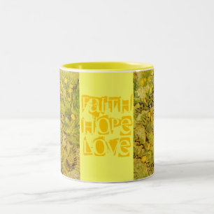Caneca De Café Em Dois Tons Monograma de Fé Esperança Amor Vinha Gogh Flores A