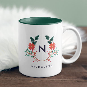 Caneca De Café Em Dois Tons Monograma de Feriado de Folhagem Joyful