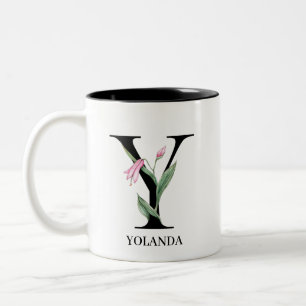 Caneca De Café Em Dois Tons Monograma de Floral Alfabeto Personalizado Y