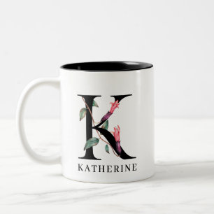 Caneca De Café Em Dois Tons Monograma de Floral Personalizado Letra K