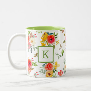 Caneca De Café Em Dois Tons Monograma de Flores de Coloração Aquosa de Verão