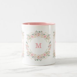 Caneca De Café Em Dois Tons Monograma de Flores Douradas de Jardim Cor-de-rosa