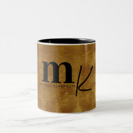 Caneca De Café Em Dois Tons Monograma de Folha Negra Minúscula Moderna
