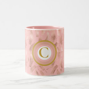 Caneca De Café Em Dois Tons Monograma de Folhas Tropicais Rosa e Dourado