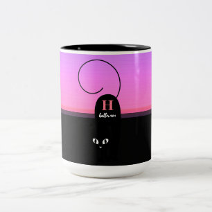 Caneca De Café Em Dois Tons Monograma de Gato Preto do Pôr do Sol de Halloween