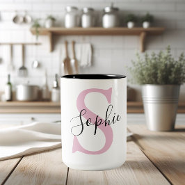 Caneca De Café Em Dois Tons Monograma de Nome Personalizado Moderno - Rosa