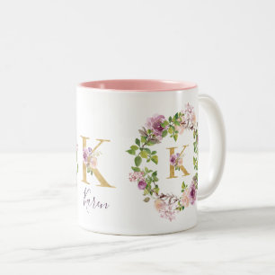 Caneca De Café Em Dois Tons Monograma de Ouro Moderno K com Grinalda Floral de