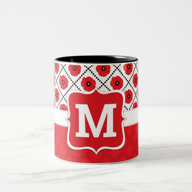 Caneca De Café Em Dois Tons Monograma de Poppies chiques Vermelhas, Pretas e B (Centro)