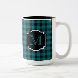 Caneca De Café Em Dois Tons Monograma de Xadrez Teal e Preta