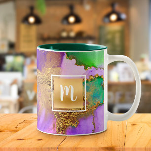 Caneca De Café Em Dois Tons Monograma do aqua verde-roxo de ouro de aqua de ág