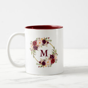 Caneca De Café Em Dois Tons Monograma do Círculo Dourado Floral de Burgundy