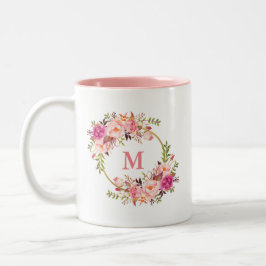 Caneca De Café Em Dois Tons Monograma do Círculo Dourado Rosa Floral de Aquare