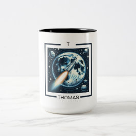Caneca De Café Em Dois Tons Monograma do Espaço da Lua de Foguete com Duas Pon