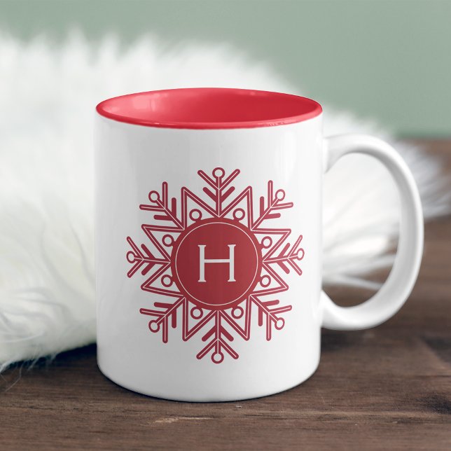 Caneca De Café Em Dois Tons Monograma do Floco de Neve Vermelho Feriado (Criador carregado)