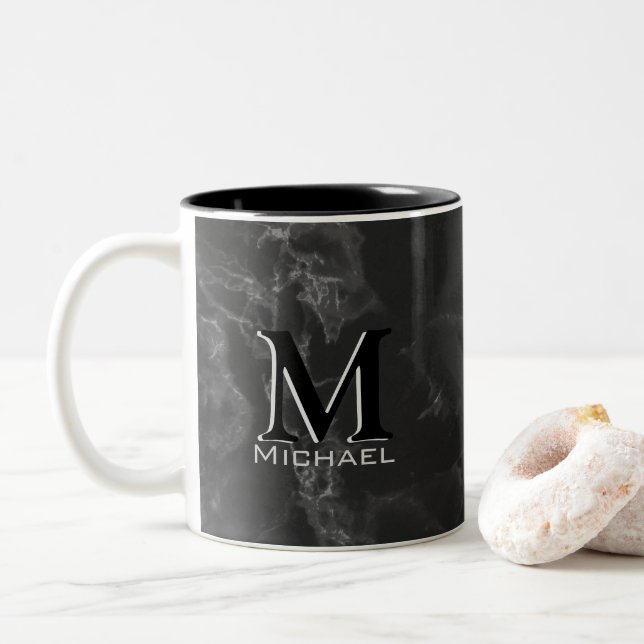 Caneca De Café Em Dois Tons Monograma do Monograma Branco Marble Preto (Com Donut)