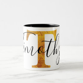 Caneca De Café Em Dois Tons Monograma do ouro "T" com nome personalizado