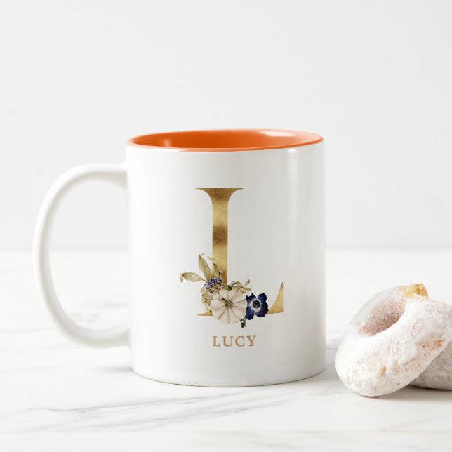 Caneca De Café Em Dois Tons Monograma Dourado alfabético L personalizado | Abó (Com Donut)