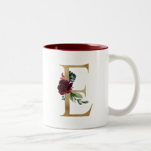 Caneca De Café Em Dois Tons Monograma Dourado com Blush Floral Burgundy Person
