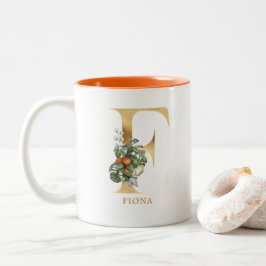 Caneca De Café Em Dois Tons Monograma Dourado do alfabeto F | Folhagem Folha