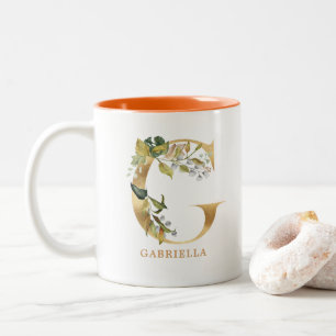 Caneca De Café Em Dois Tons Monograma Dourado do alfabeto G Folhagem Folha