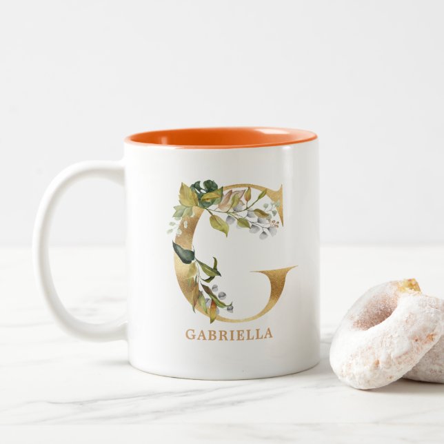 Caneca De Café Em Dois Tons Monograma Dourado do alfabeto G | Folhagem Folha (Com Donut)