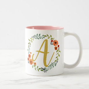 Caneca De Café Em Dois Tons Monograma Dourado floral A inicial