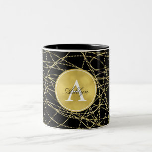 Caneca De Café Em Dois Tons Monograma Dourado Glitzy Black Abstrato