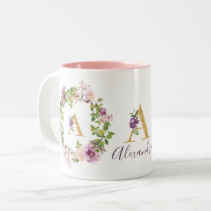 Caneca De Café Em Dois Tons Monograma Dourado Moderno A Watercolor Wreath Flor