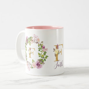 Caneca De Café Em Dois Tons Monograma Dourado Moderno F Watercolor Wreath Flor