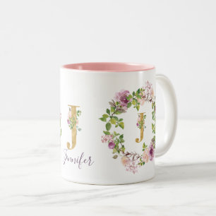 Caneca De Café Em Dois Tons Monograma Dourado moderno J Watercolor Wreath Flor