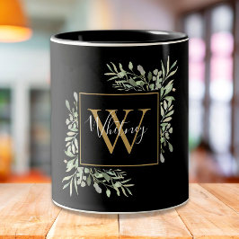 Caneca De Café Em Dois Tons Monograma Dourado Personalizado Verde Verde Floral