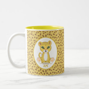 Caneca De Café Em Dois Tons Monograma e Leopardo em Marrom e Bege Dourado
