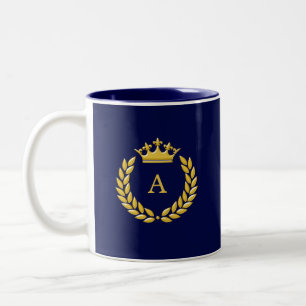 Caneca De Café Em Dois Tons Monograma e Ouro Coroa e Laurel em Azul Marinho