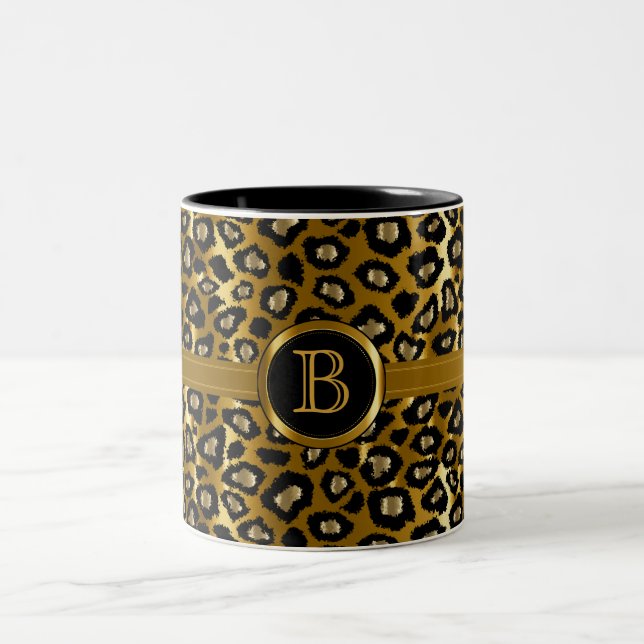 Caneca De Café Em Dois Tons Monograma Executivo - Padrão Leopardo Dourado e Pr (Centro)