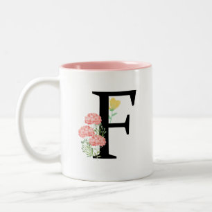 Caneca De Café Em Dois Tons Monograma F Watercolor Floral Spray Modern Chic