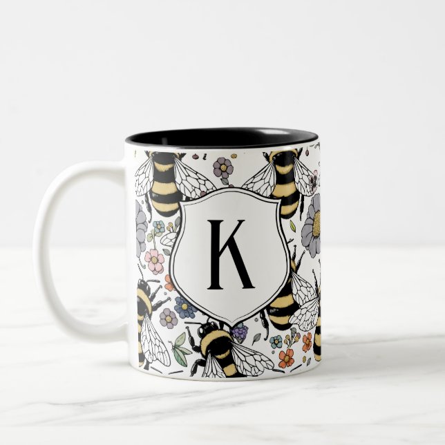 Caneca De Café Em Dois Tons Monograma Floral Abelha Bumble  (Esquerda)