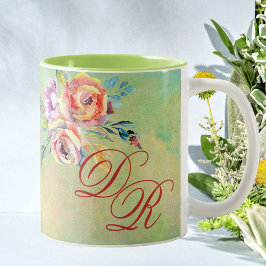 Caneca De Café Em Dois Tons Monograma Floral de Aquarela Elegante