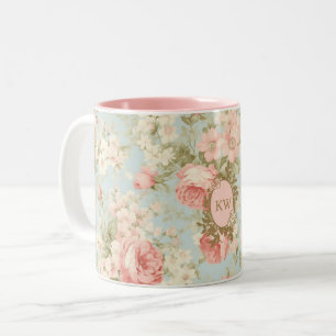 Caneca De Café Em Dois Tons Monograma Floral de Rosas Cor-de-Rosa Chic Retrô
