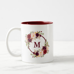 Caneca De Café Em Dois Tons Monograma Floral Elegante de Borgonha
