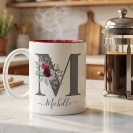 Caneca De Café Em Dois Tons monograma Floral Inicial Nome