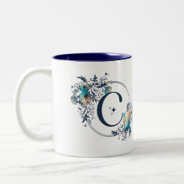 Caneca De Café Em Dois Tons Monograma Floral Místico - Letra C