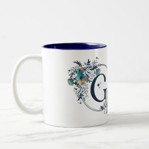 Caneca De Café Em Dois Tons Monograma Floral Místico - Letra G