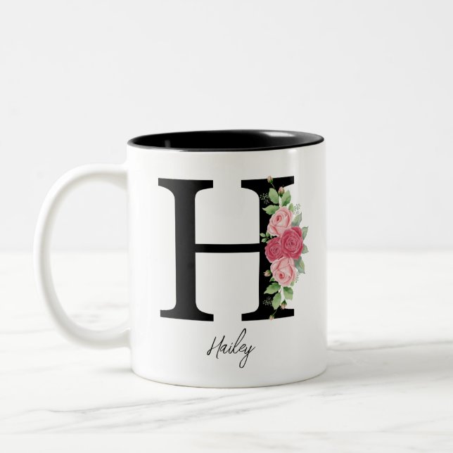 Caneca De Café Em Dois Tons Monograma Floral Personalizado Elegante Café Mug H (Esquerda)