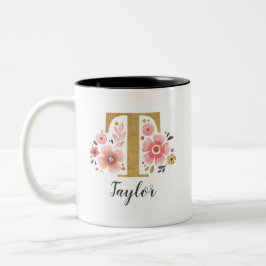 Caneca De Café Em Dois Tons Monograma Floral Rosa
