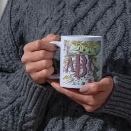 Caneca De Café Em Dois Tons Monograma Flores de Vintagem Botânica Rosa e Verde